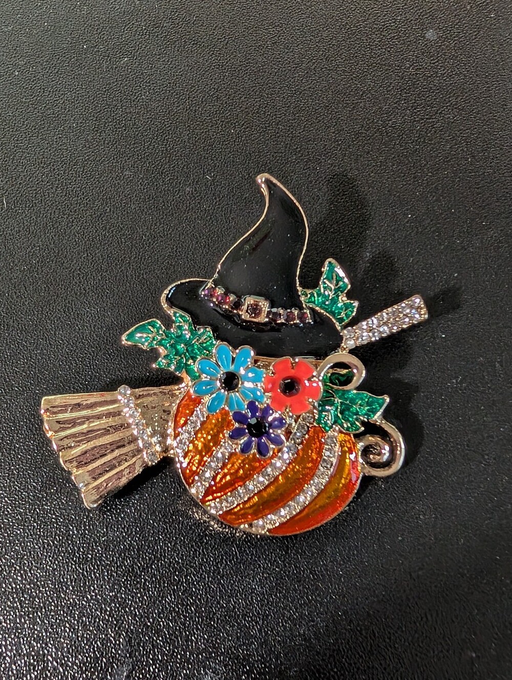 Halloween Witch Pumpkin Brooch Pin - Black & Orange Floral Accent